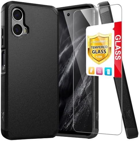 TJS Compatible for Motorola Moto G 5G (2024) Case, with Tempered Glass Screen Protector, Dual Layer Hybrid Magnetic Support Shockproof Heavy Duty Cover Phone Case (Black)