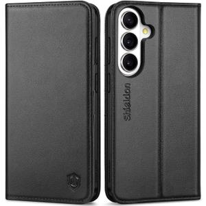 SHIELDON Wallet Case for Galaxy S26+ Plus 6.7", Genuine Leather Folio Magnetic Closure, Kickstand, RFID Blocking Card Holder, Full Protective Phone Cover Compatible with Galaxy S26+ 2026 - Black