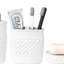 3-Piece White Ceramic Bathroom Accessories Set - Luxurious Soap Dispenser, Toothbrush Holder & Soap Dish with Modern Geo Embossed Design for Bathroom Accessory Set