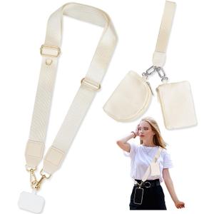 Phone Lanyard Crossbody with 2 Zipper Wallets, 2 Pcs-Save Girls Phone Strap Crossbody & Wrist Lanyard-1 Pad, Clip & Go Cellphone Strap with Pouch for Women, Universal Lanyard for Travel (Beige), Small
