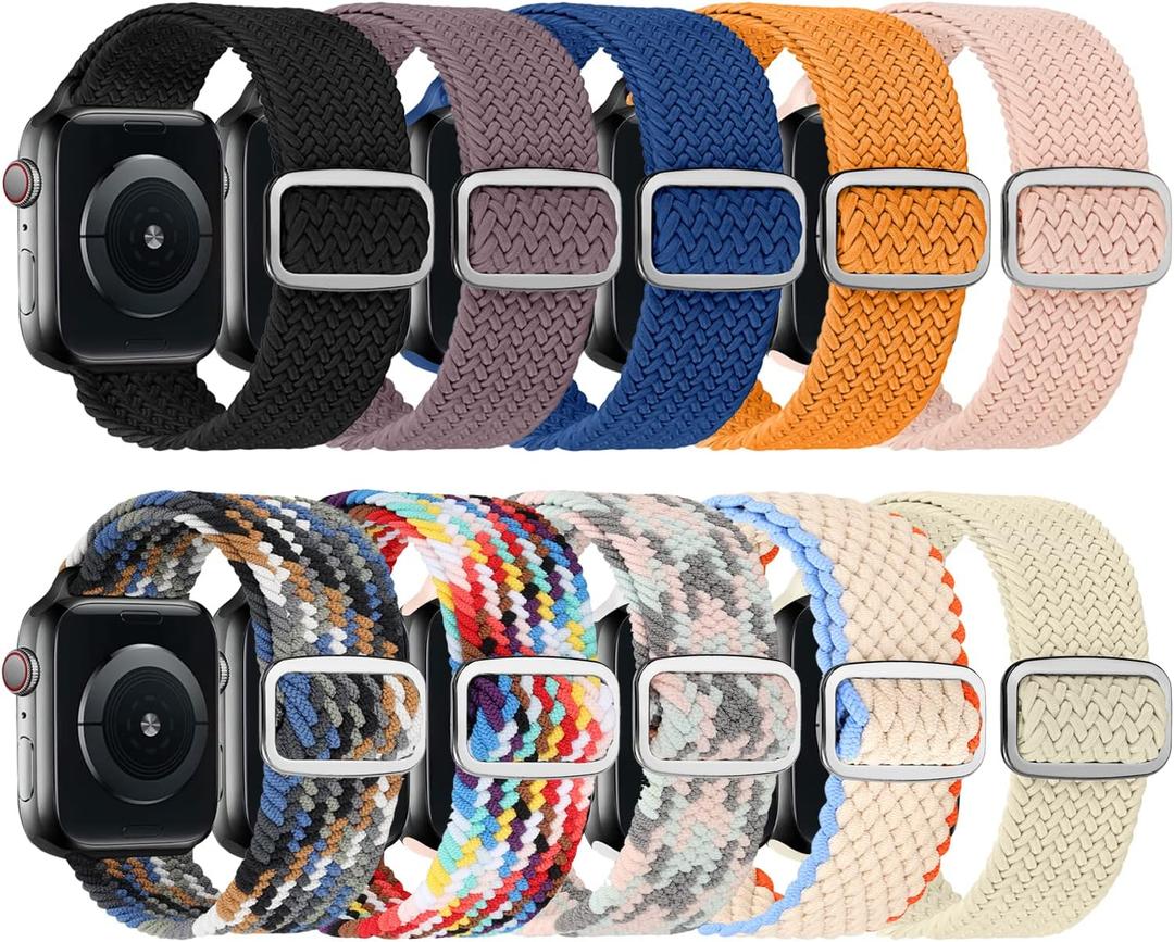 10 Pack Stretchy Solo Loop Compatible with Apple Watch Band 42 44 45MM Women Men,Soft Nylon Elastic Strap Wristband for iWatch Series 10 9 8 7 6 5 4 3 2 1 SE Ultra (Black+Color+Silty sand+Smoky purple+Denim+Coral+Blue+Orange+Milky white+Starlight)