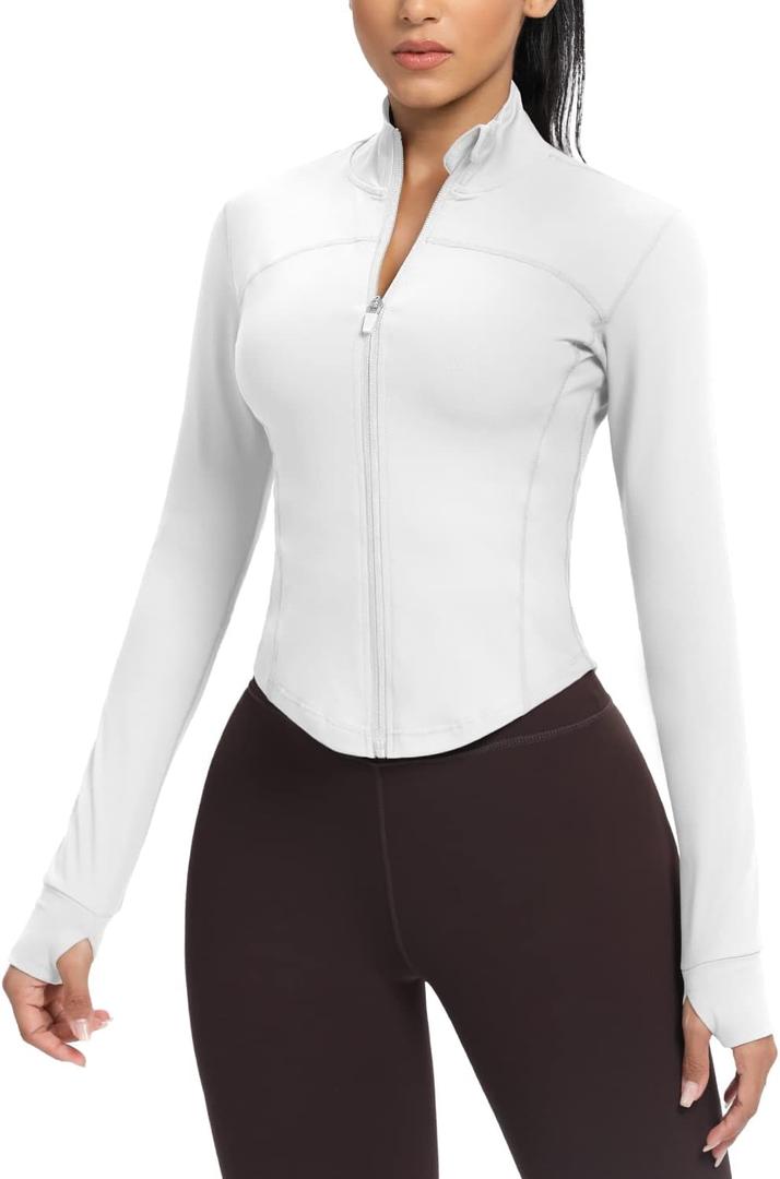 AVGO Women's Cropped Running Workout Jackets Zip Slim Fit Athletic Tops with Thumb Holes (Medium, White)
