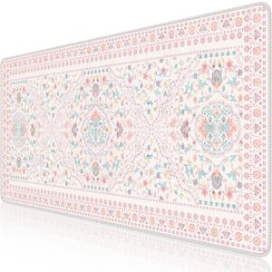 HAOCOO Pink Desk Mat, Non-Slip Office Table Mat, Aesthetic Mouse Pad with Stitched Edge, 35.4" x 15.7" Long Mouse Pad, Waterproof Dorm Desk Mat for Writing, Drawing