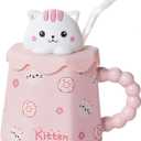 Mark Cup with a Straw Animal Print Stuff Gifts 14oz Ceramic Tea Coffee Cup Kawaii Mugs Funny Animal Mug Cat Mug Birthday Gifts for Women Girls Kids Lovers (Pink-Cat)