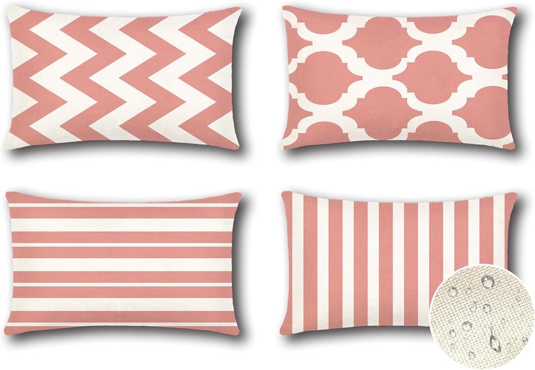 OTOSTAR Set of 4 Waterproof Throw Pillow Covers 12x20 Inch Farmhouse Geometric Square Pillow Cases for Couch Patio Furniture Balcony Garden Outdoor DecorationGeometry70-Pink