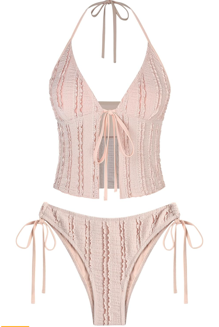 ZAFUL Tankini Swimsuits for Women Smocked Ruffles Tie Front Bowknot Textured High Cut Tanga Tankini Set(Pink L)