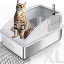 Stainless Steel Litter Box | XL Enclosed Cat Litter Boxes with Lid for Big Cats | High Sided, Anti-Urine Leakage | Non-Stick Bottom & Includes Litter Mat & Metal Scoop (Silver Gray)