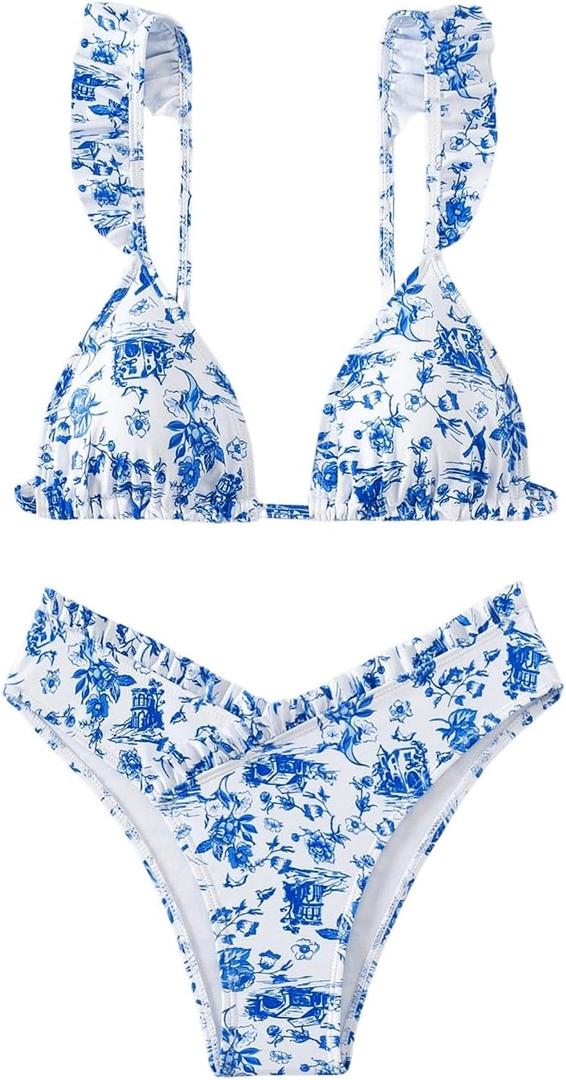 Women's 2 Piece Bikini Sets High Cut Ruffle Trim Triangle Floral Bathing Suit Wireless Tie Back Swimsuit (Large, Blue and White)