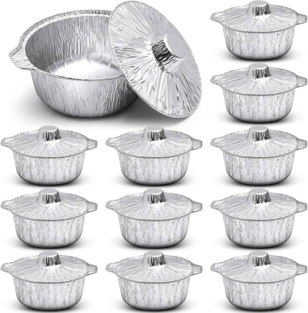 12 Pcs Disposable Aluminum Pot with Lid Round Foil Pans Disposable Cookware Food Container for Vacation Trips Camping Baking Heating Cooking (33.8 oz) (33.8 oz)