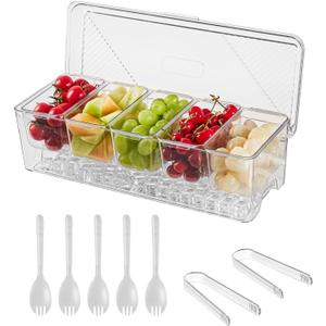 Ice Chilled Condiment Caddy, Stackable Chilled Condiment Containers, Serving Platters with Lid and 5 Removable Compartments, Set of 5 Serving Spoons & 2 Clips (1pack)