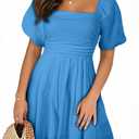 AlvaQ Shorts Romper for Women Dressy Plus Size Summer Short Sleeve Rompers with Pockets Cute Square Neck Wide Leg Short Jumpsuits Mini Dress, Blue, 2X-Large