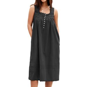 100% Cotton Nightgowns for Women Soft Sleeveless Night Gown Long Sleepwear with Pockets,XS-5XL (Black, S)