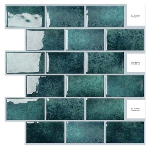 DEWOO Teal Green Peel and Stick Subway Tile Backsplash Self Adhesive Brick Stickers for Kitchen Bathroom Wall, 10-Sheet, 12"×12"