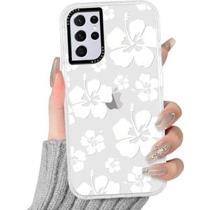 RUMDEY Clear Hibiscus Flower Case for Samsung Galaxy S21 Ultra 5G 6.8", Cute Preppy Floral Crystal Pattern Aesthetic Design Soft Anti-Yellow Protective Shockproof TPU Cover for Women Girls - White