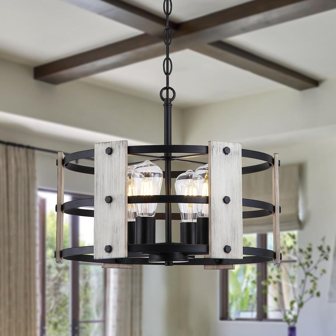 3WWWUEE 18‘’ Chandelier Farmhouse Style Black and Wood Hanging Light Fixture 4-Light Pendant Lighting with 47'' Height Adjustable Chain Dining Room, Living Room, Kitchen Island E12 Base - AJ9013P4WDBK