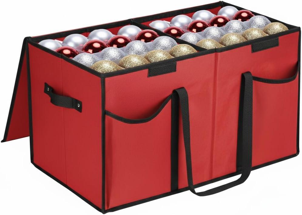 Christmas Ornament Storage Box with Dividers & Pockets - Holiday Ornament Organizer Bag - Holds 128 Balls - Durable Red Fabric Container with Handles - Foldable Xmas Decorations Storage