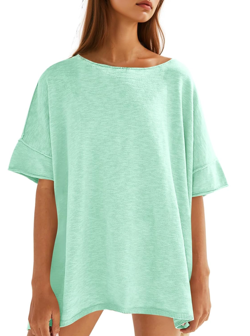 Tankaneo Women's Oversized T Shirts Casual Summer Crew Neck Loose Dropped Short Sleeve Side Slit Hem Blouse Tunic Tops Size S