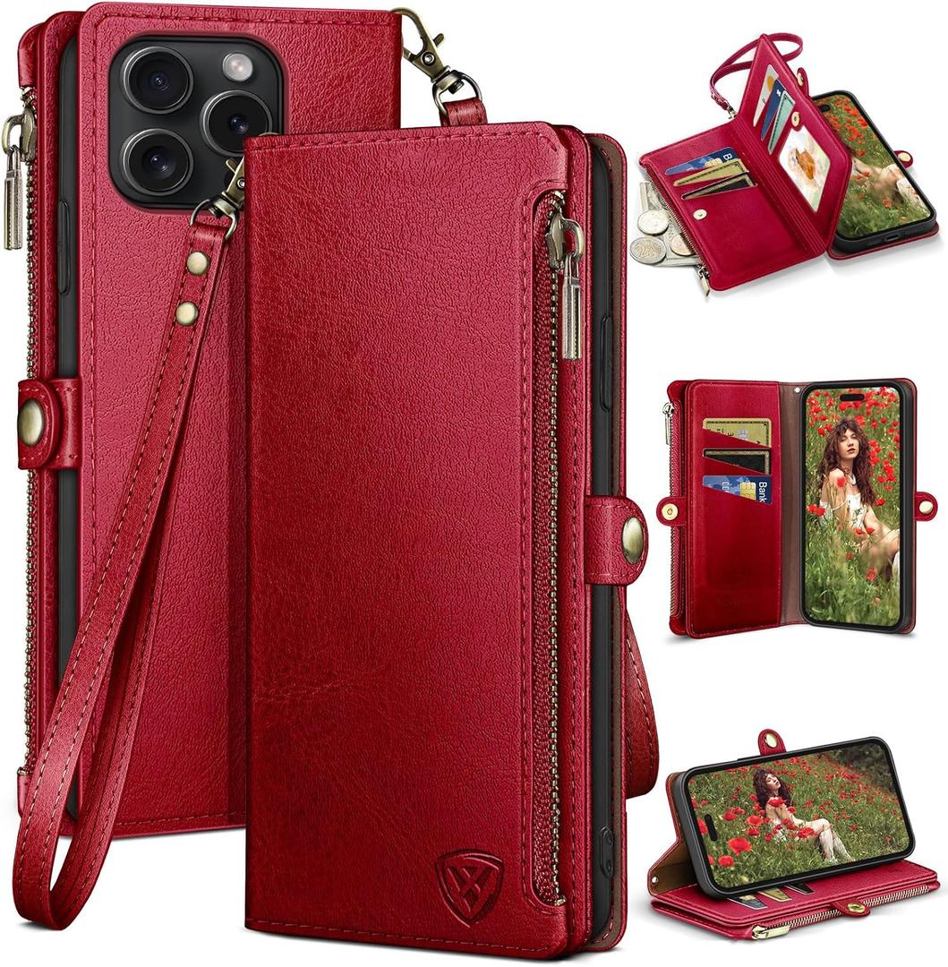 XcaseBar compatible with iPhone 16 Pro Max 6.9" Wallet case with Zipper Credit Card HolderRFID Blocking,Flip Folio Book PU Leather Phone case Shockproof Cover Women Men for Apple 16 Pro Max case Red