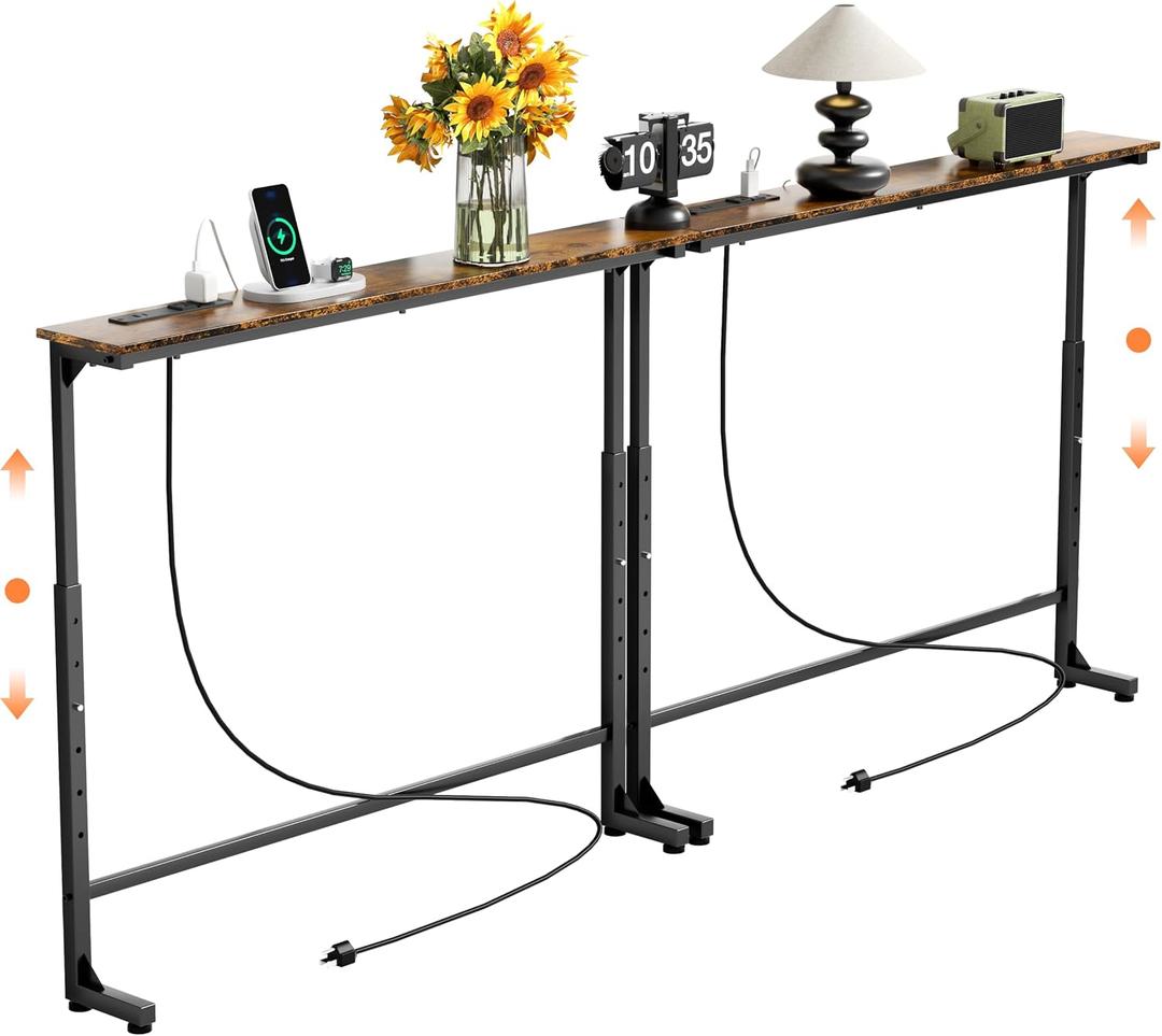 2 Pack Adjustable Height Narrow Console Table with Power Outlets, 78.7" Long Sofa Table with Charging Station Behind Couch Table Entryway Table for Living Room and Hallway – Rustic Brown, 78IN