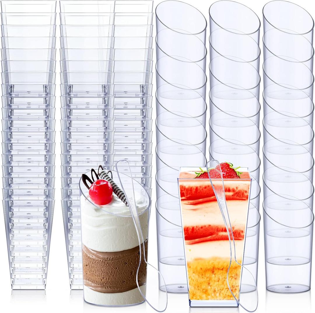 Nuogo 100 Pcs Mini Dessert Cups with Spoons Include 3 oz Square Plastic Appetizer Cups 2.5 oz Slanted Round Parfait Shooter Cup Small Clear Mousse Pudding Cup for Wedding Baby Shower Birthday Party (Transparent Color)