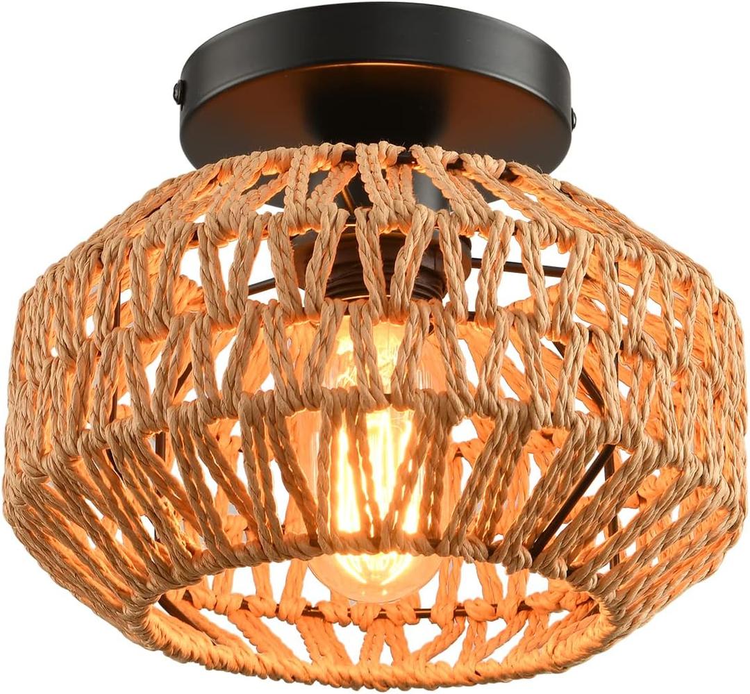 1 Pack Farmhouse Light Fixtures Ceiling Mount,Mini Rattan Boho Semi Flush Mount Ceiling Light,Hand Woven Hallway Light Fixtures for Bedroom Entryway Nursery Study Room