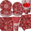 Funnymoom 452 Pcs Christmas Snowflake Party Supplies for 50 Guests, Red White and Sliver Snowflake Paper Plates and Napkins Cups Tablecloth Cutlery Straws for Winter Xmas Birthday Party Decoration