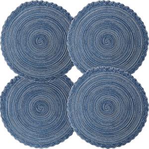 Placemats Set of 4 Round Table Mats,Woven Blue Placemasts Washable Cotton Table Placemat for Dining Room Table Decor