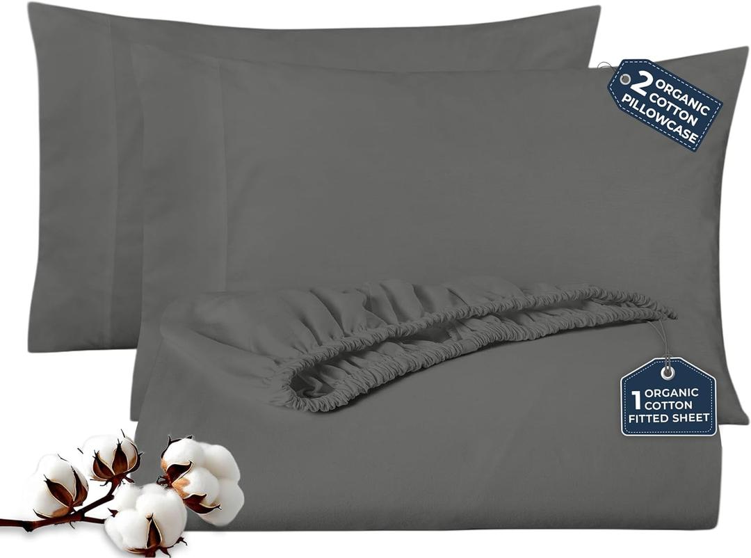 ROYALE LINENS Fitted Sheet with Pillowcases - Queen Fitted Sheets with 2 Pillowcases - 300 Thread Count 100% Organic Cotton - Fits Mattress Up to 18" Deep - Soft & Breathable - Grey (No Flat Sheet) (Charcoal)