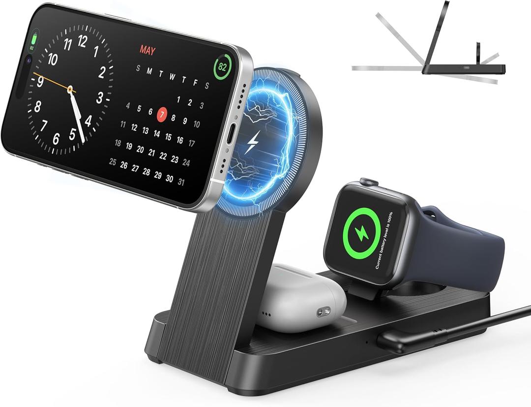3 in 1 Magnetic Wireless for iPhone Charging Station: Foldable Portable Charger for iPhone 16-12 Pro Max & Apple Watch & AirPods, for Apple Multiple Devices Charger for Home,Office&Travel, Black 