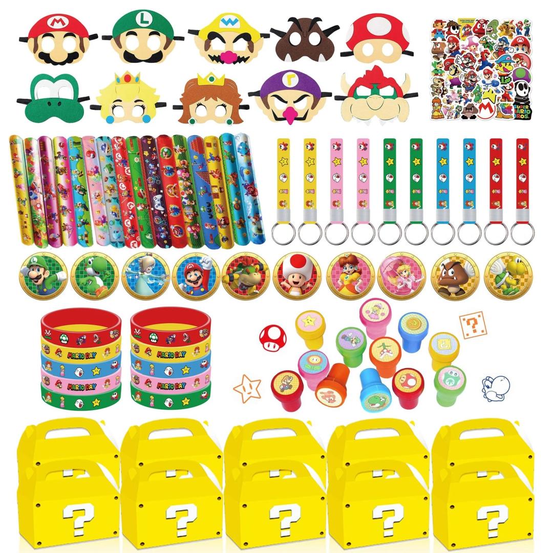 Hatraky Birthday Party Favor Supplies, Birthday Party Decorations Set Includes 10 Boxes, 10 Masks, 12 Stamp, 10 Bracelets, 50 Stickers, 15 Slap Bracelets