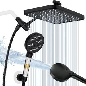 12 Inch Wide Rain Shower Head with Filtered Handheld Combo, High Pressure Rainfall Shower Head, 9 Spray Modes Handheld with 9-Inch Extension Arm, Comes with Filter Removes Chlorine(Black)