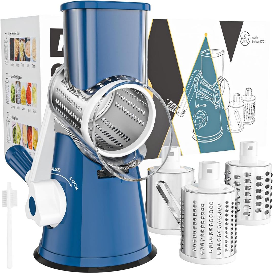 Cambom Rotary Cheese Grater Hand Crank Cheese Shredder for Fresh Cheese, Vegetable, Nuts,Non-slip Suction Base, Free Cleaning Brush Three Blades,Deep Blue (3 BLADES, Dark Blue)