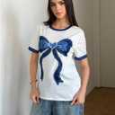 RoseSeek Women's Graphic Cherry Bow Tees Casual Letter Print Round Neck T Shirt Summer Short Sleeve Trendy Tops (White, S)