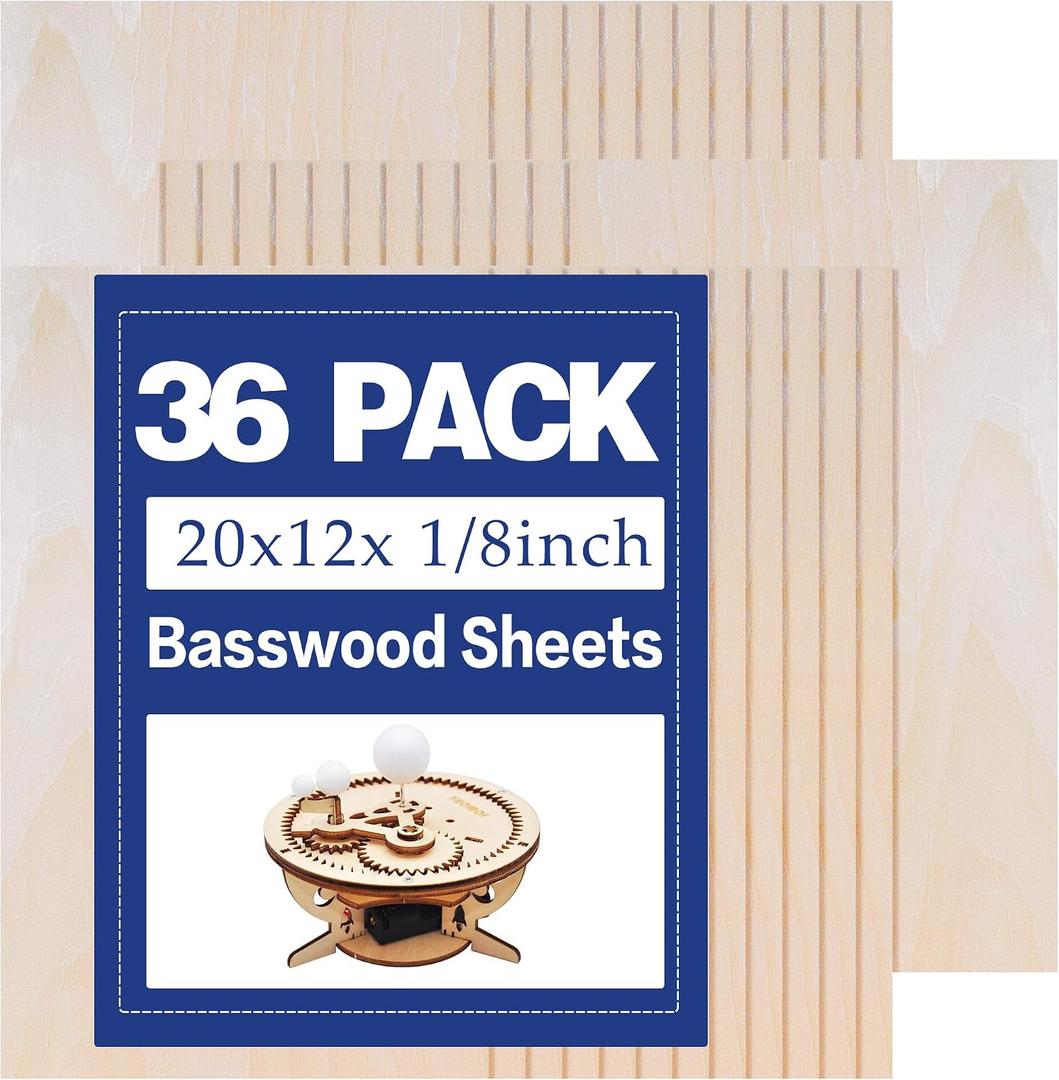 20x12x1/8 Inch Basswood Sheets, 3mm Plywood for Laser Cutting, Unfinished Wood Board for Engraving, Wood Burning, Painting, Crafts, Ornaments, Models, Cutter (36Packs-20x12inch)