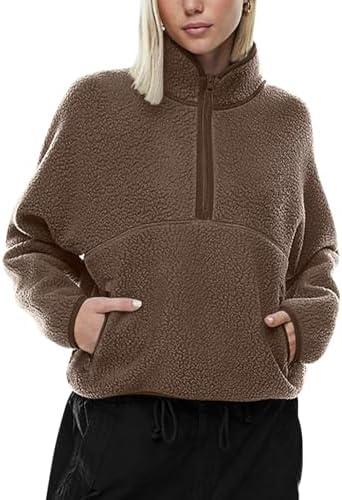 LASLULU Womens Half Zip Pullover Cropped Sweatshirts Sherpa Fleece Jacket Fuzzy Sweaters Cute Winter Jackets with Pockets XL