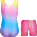JiAmy Girls Gymnastics Leotards, Glitter Ballet Dance Unitards Biketards Activewear with Short & Hairband for Kids