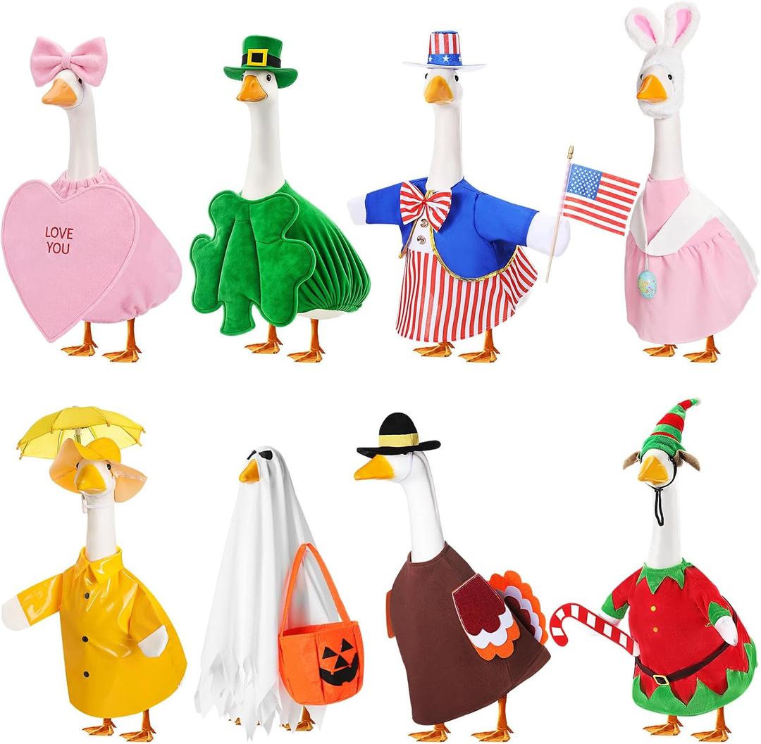 FuWeave 8 Set Holiday Porch Goose Outfits 250th Anniversary Summer 4th of July Fall Halloween Christmas Valentine St. Patrick Easter Lawn Porch Goose Clothing for Patio Yard Lawn Decor(Style3,23 Inch)