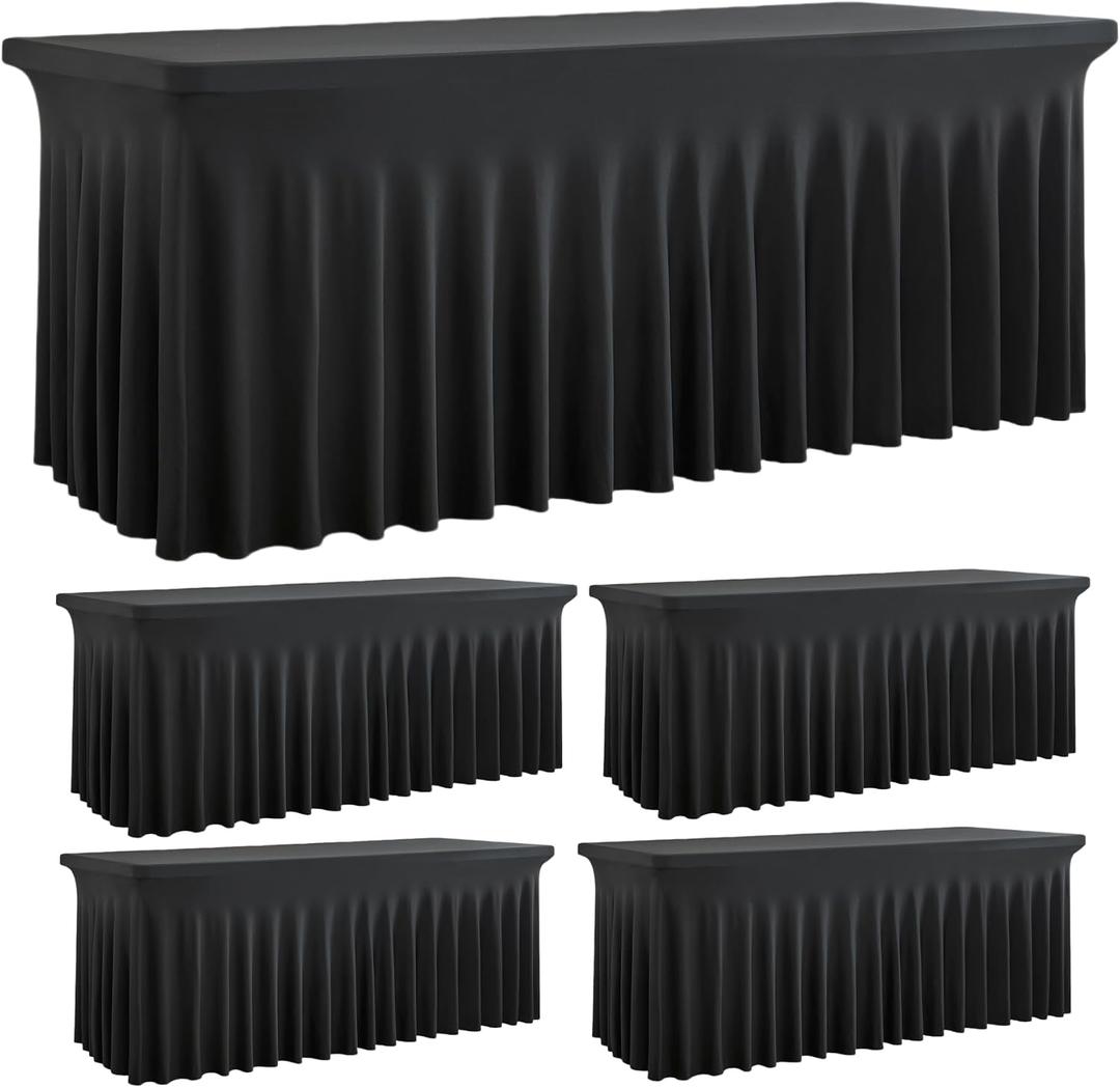 Outpain Spandex Tablecloth for 6 Foot Rectangle Tables, 4 Pack Black Fitted Table Cloths 6ft Stretchy Banquet Table Clothes Cover Desk Skirt for Birthday Wedding Parties Baby Shower