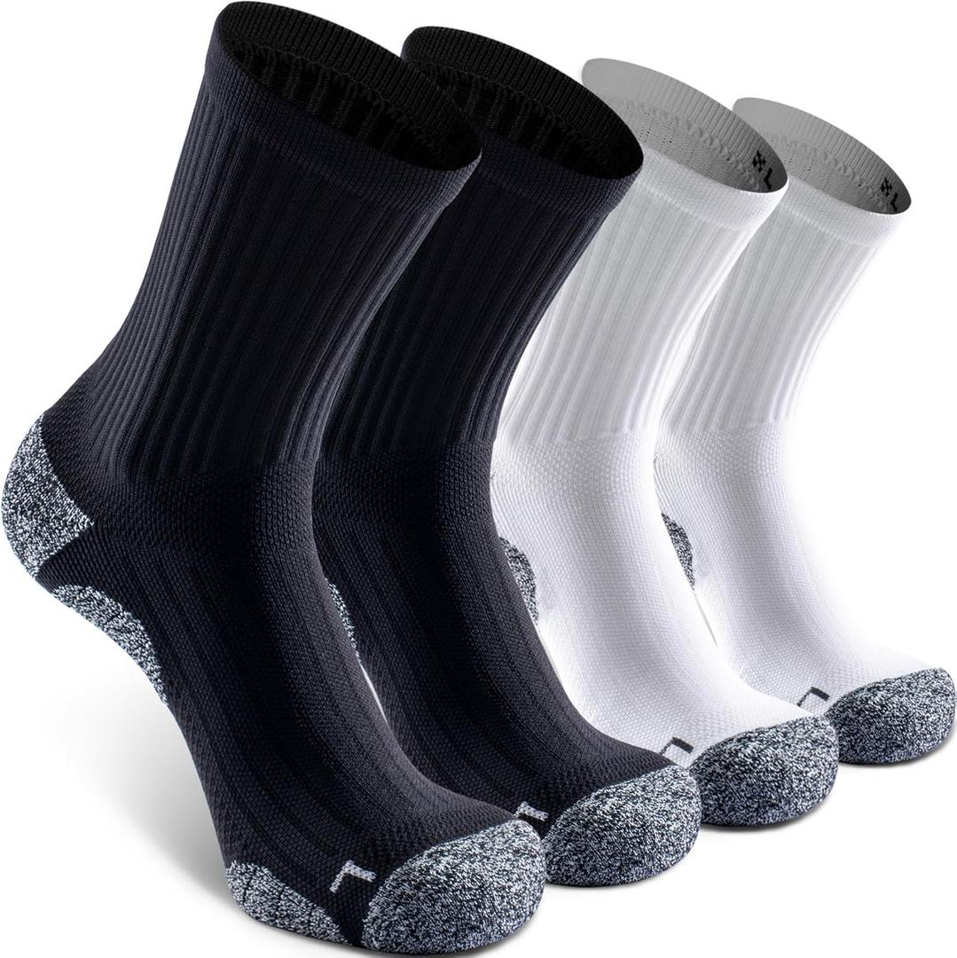 Elite Cushioned Compression Mid-crew Socks 4-Pack for Youth Women Men (Large, Black/White (2 Pairs of Each Color))