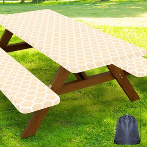 Smiry Picnic Table Cover with Bench Covers, Waterproof Elastic Fitted Tablecloth for 5 Foot Tables, Washable Polyester Tablecloths for Camping, Indoor & Outdoor (Beige, 30x60 Inch 3-pc Set)