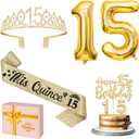 15th Birthday Decorations for Girls Gold with15th Birthday Crown and Sash, Candles and Cake Topper, Number Balloons, Sweet 15 Year Old Gifts for Girls