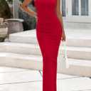 PRETTYGARDEN Women's Summer Wedding Guest Dresses 2025 Sleeveless Ruched Bodycon Fitted Maxi Long Cocktail Dress with Slit (Red)