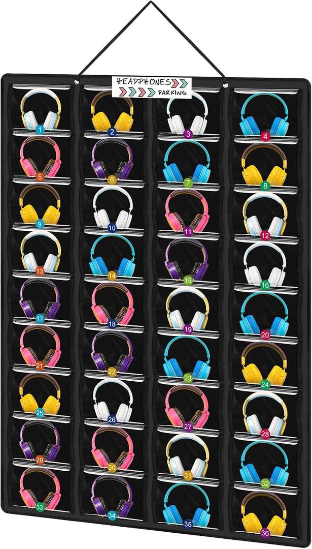 Classroom Headphone Storage Organizer with 36 Pocket over the Door Hanging Clear PVC Pockets Holder Side Chart Storage Bag with Digital Stickers for Library Cell Phones, Calculators