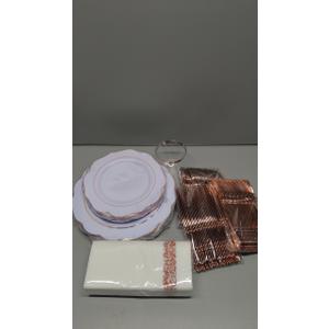 NOCCUR 175PCS Rose Gold Plastic Plates with Disposable Silverware - Include 25Dinner Plates, 25Dessert Plates, 25Forks, 25Knives, 25Spoons, 25Cups, 25Napkins for Wedding&Party