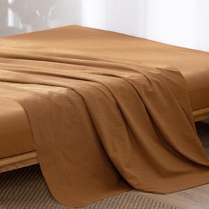 MooMee Flat Top Sheet Only 100% Washed Cotton Linen Like Textured Breathable Durable Soft Comfy (Burnt Orange, Queen)