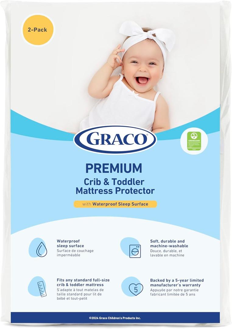Graco Premium Waterproof Crib and Toddler Mattress Protector (2 Pack)  GREENGUARD Gold Certified, Machine-Washable & Dryer-Friendly, Waterproof Sleep Surface, Fits Crib & Mattress (White)