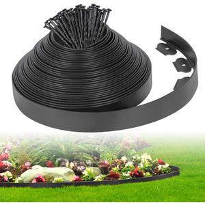 2-Inch x 50 FT Landscape Edging Border with 75 Spikes, Garden Edging Border Lawn Edging Border, Plastic Edging Border Flexible for Garden Flower Beds Lawn Yard Paver Pathway (Black)