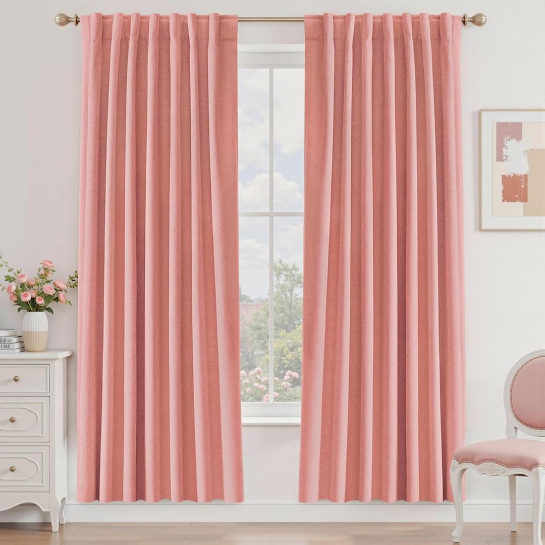 UHITECH Linen Curtains 80 Inch Length 2 Panels Set Blush Pink Blackout Curtains for Bedroom Living Room Darkening Rod Pocket Modern Thermal Black Out Drapes for Windows