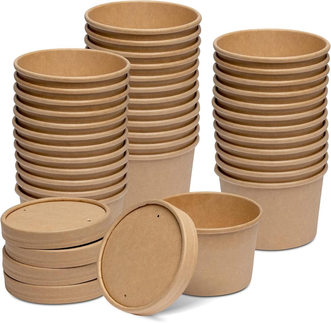 GUSTO [8 oz. - 25 Count Kraft Paper Food Containers with Vented Lids - To Go Hot Soup Bowls, Disposable Ice Cream Cups, Ideal for Hot and Cold Foods - (Formerly Comfy Package)
