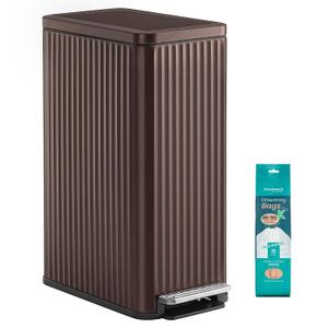 SONGMICS Trash Can, 13 Gallon (50 L) Slim Garbage Can for Kitchen, with Soft-Close Lid, Pedal, Removable Inner Bucket, Stainless Steel, 15 Trash Bags, Space-Saving, Brown ULTB350MZ01